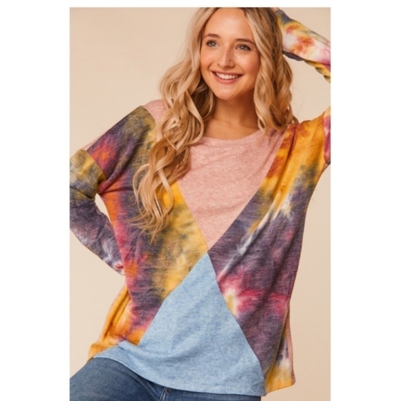 Two Tone Tie Dye Ashley Knit Lightweight Color Block Sweater - Picture 6 of 12